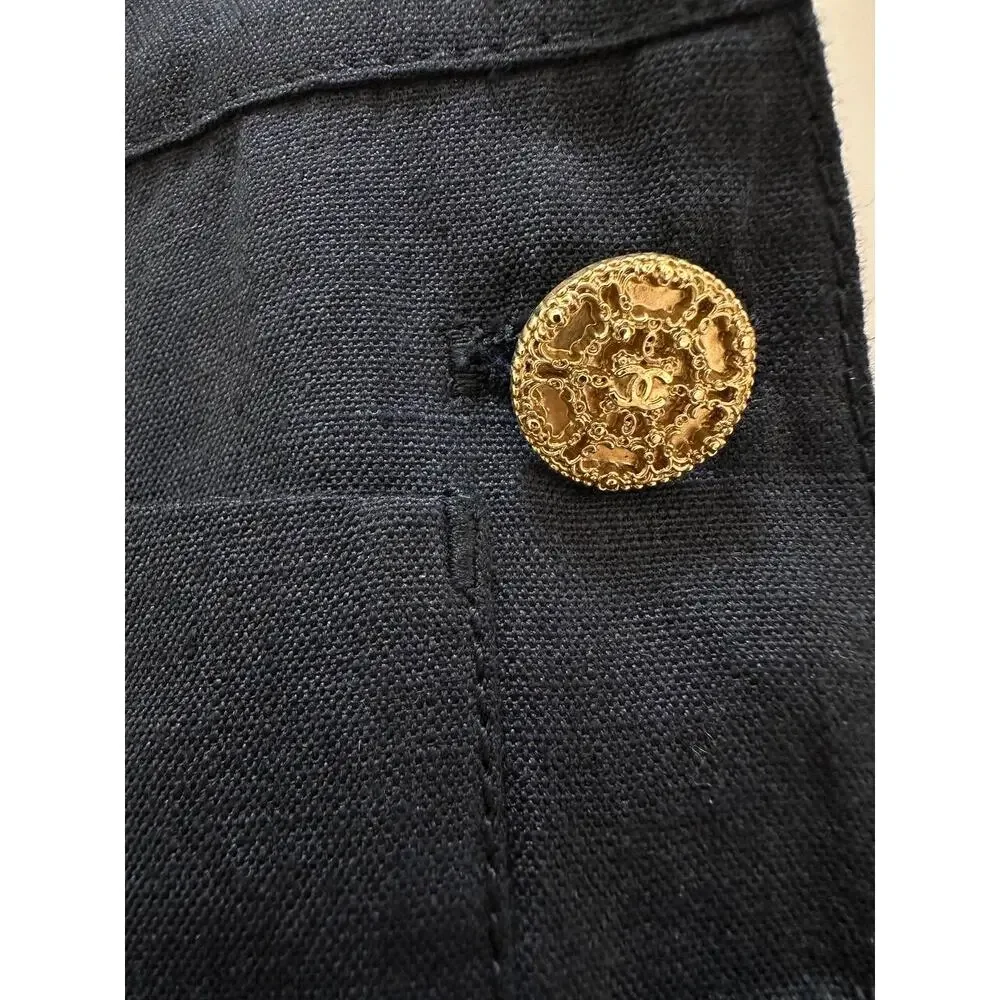 CHANEL Vintage Navy Linen Wide Leg Pants FR 38